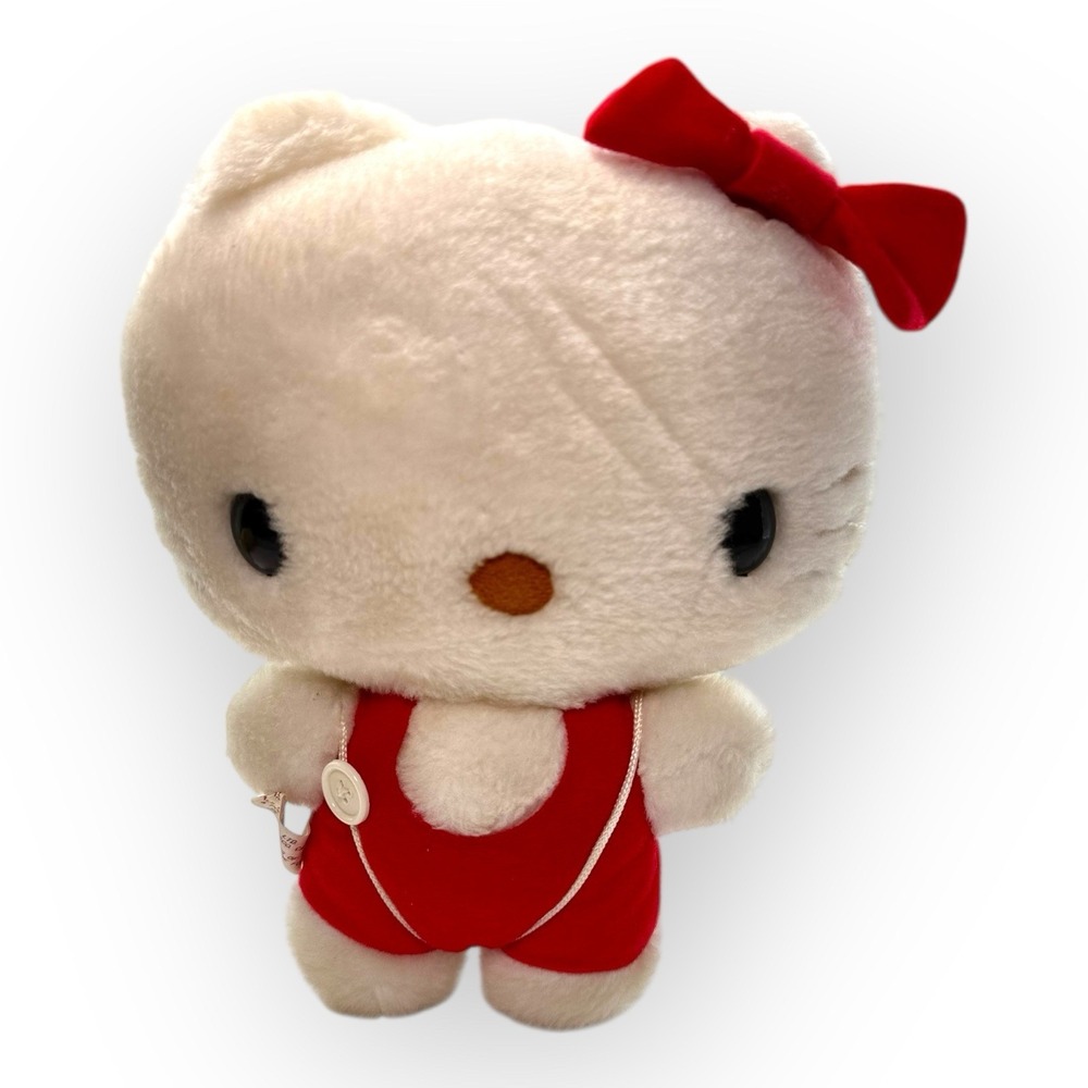 Vintage 1976 Sanrio Hello Kitty Plush 10" Red Overalls w/ Mini Kitty Backpack - Picture 2 of 16